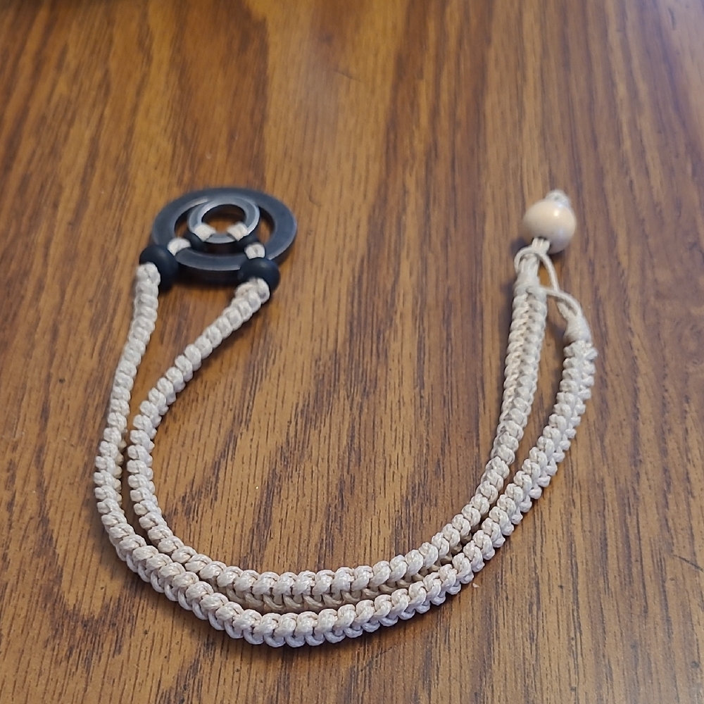 Beige Braided Cord Necklace with Black Circular Pendant